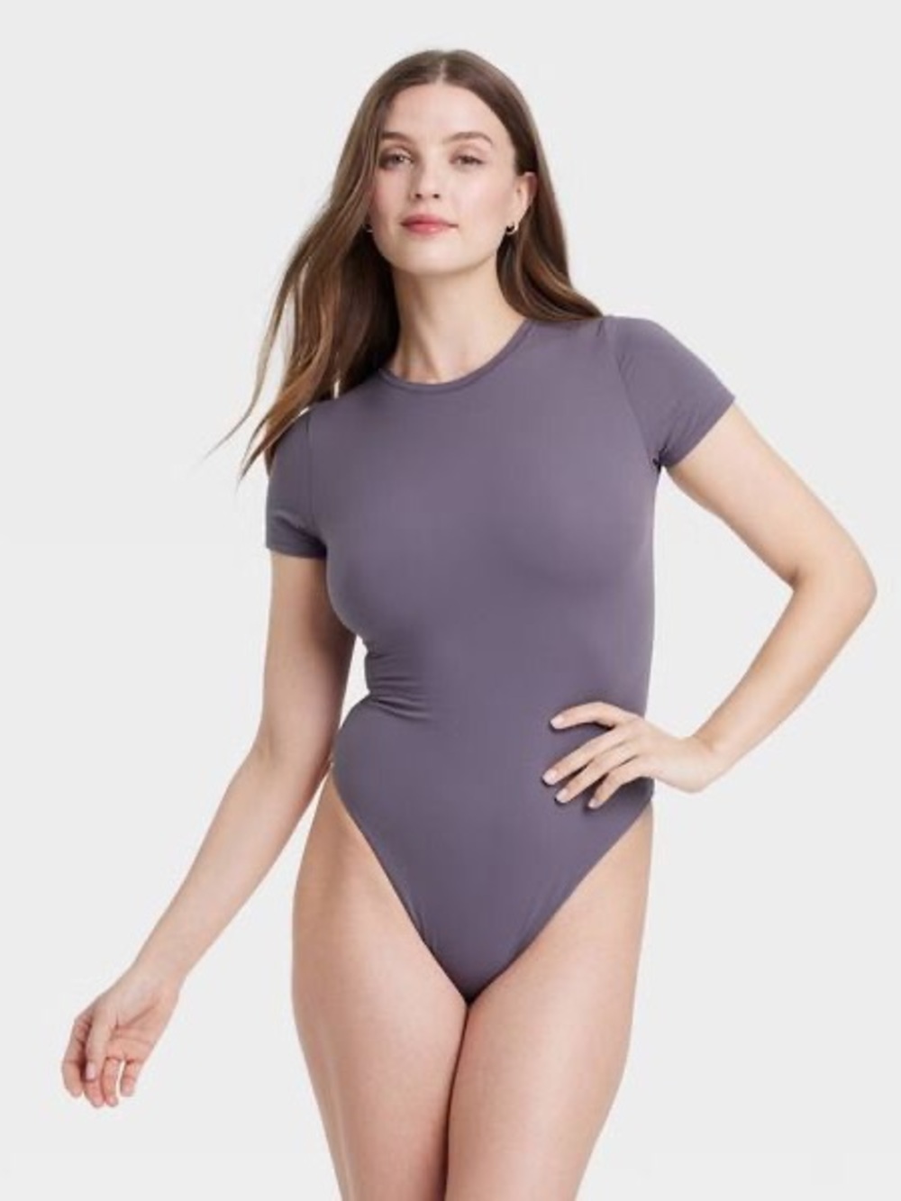 Auden Luxe Short Sleeve Thong Bodysuit Mauve Gray Plus Size XXL NWT